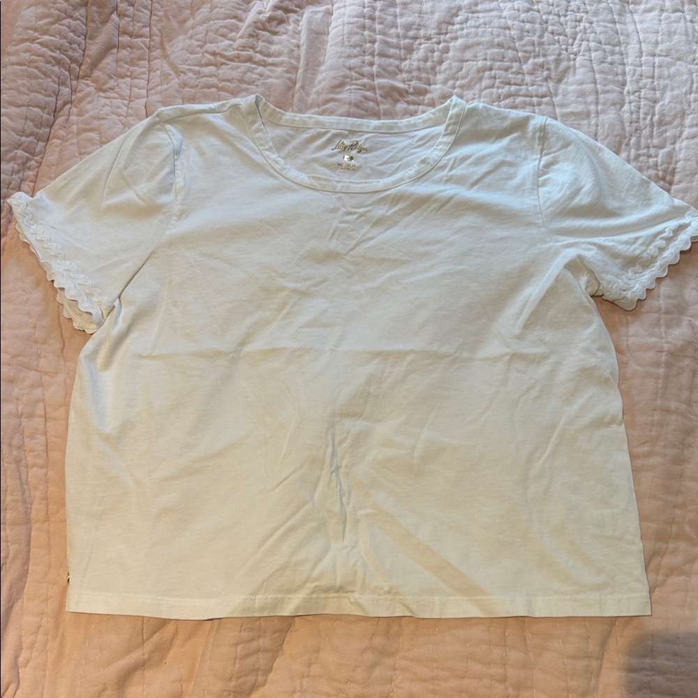 🌴 Lilly Pulitzer Ric Rac Trim White Scalloped Sleeve Tee T Shirt XL Like New!